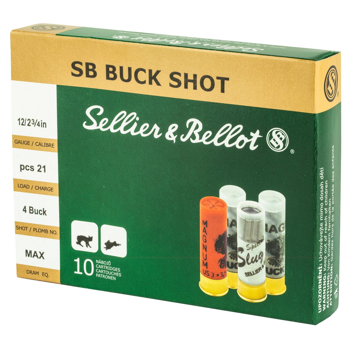 Sellier & Bellot, Shotshell, 12 Gauge, 2.75", #4 Shotshell, 21 Pellets  (10 Round Box)