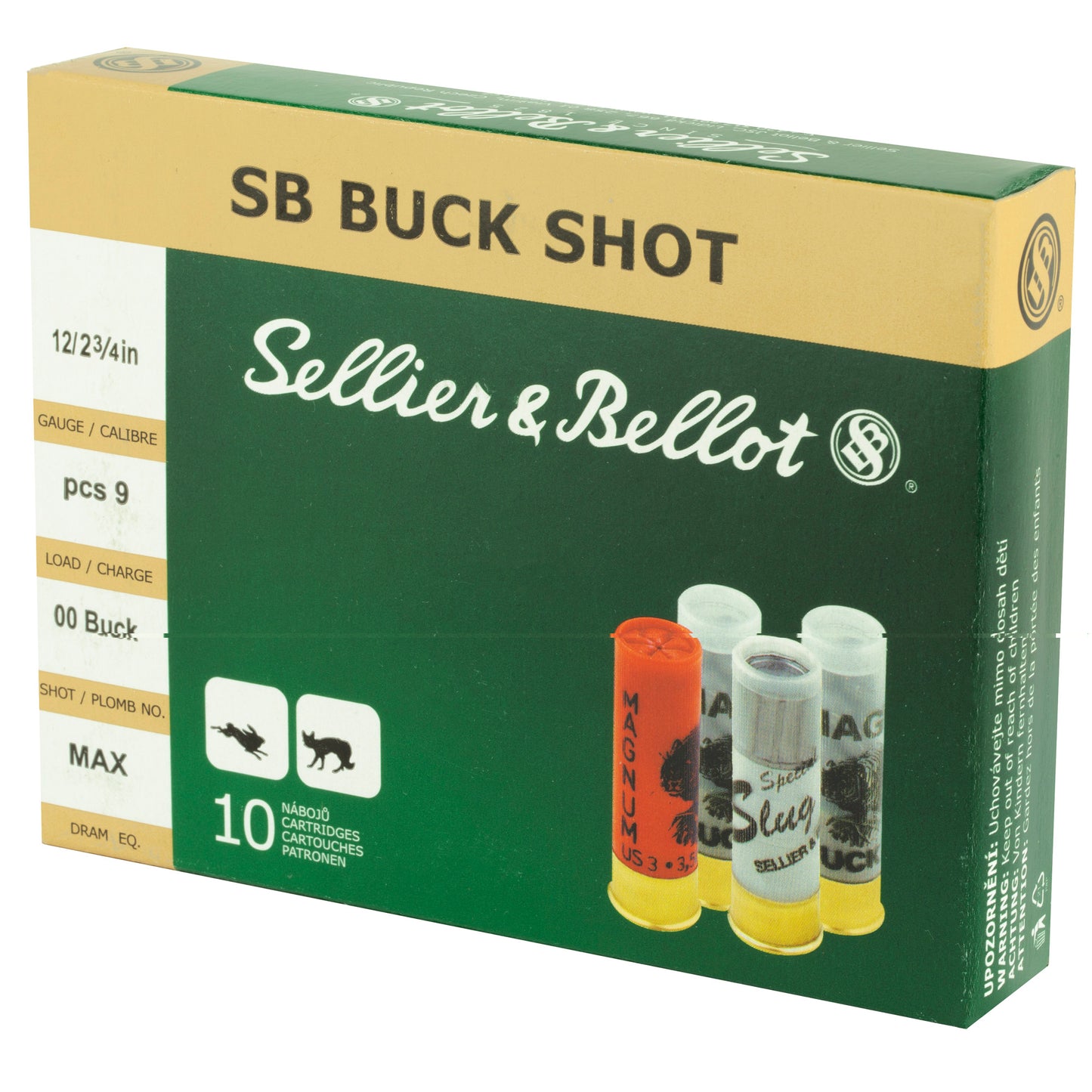 Sellier & Bellot, Shotshell, 12 Gauge, 2.75", 00 Buck, 9 Pellets  (10 Round Box)