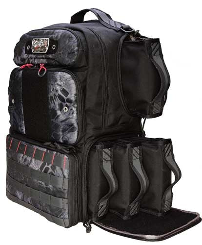 GPS Tactical Range Backpack in Prym1 Black, featuring a tall design, removable pistol storage cases, MOLLE webbing, and a padded waist strap for secure and comfortable transport of firearms and shooting accessories.