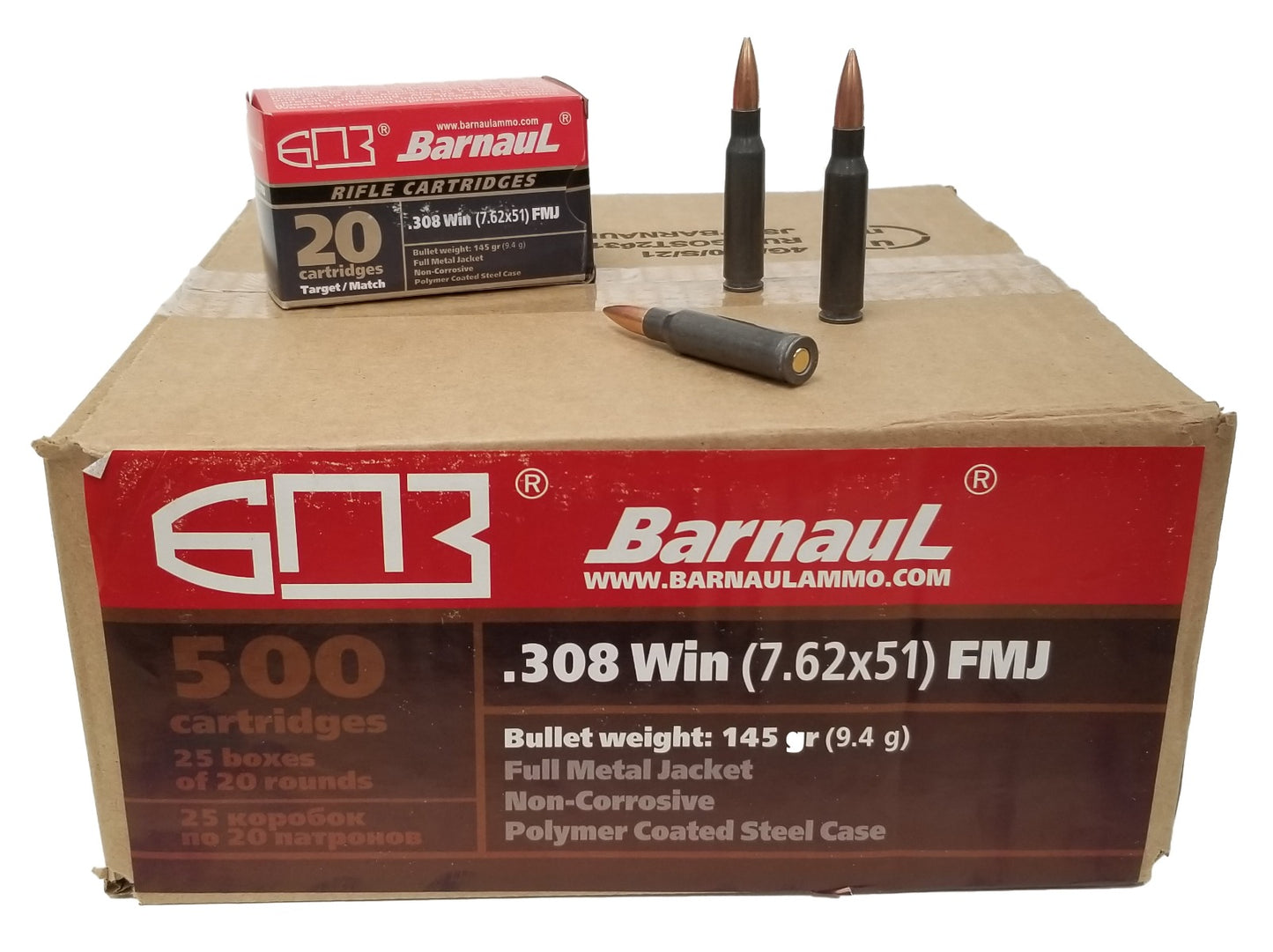 Barnaul .308 Win Rifle Ammo - 145 Grain | FMJ | Steel Casing | (500 Round Case)