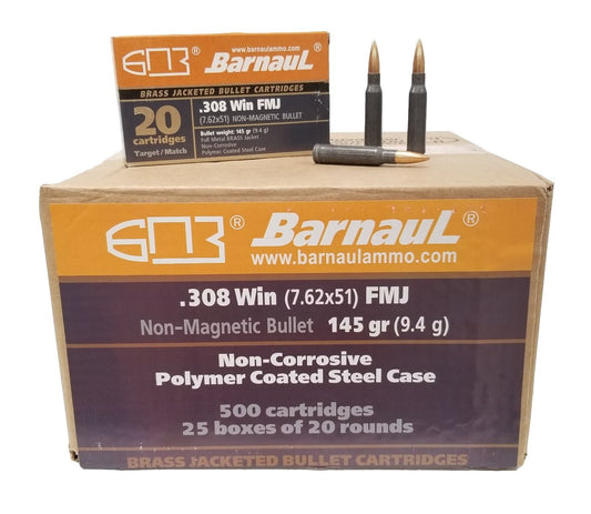 Barnaul .308 Win Rifle Ammo - 145 Grain | FMJ - Brass Jacketed | Steel Casing | (500 Round Case)