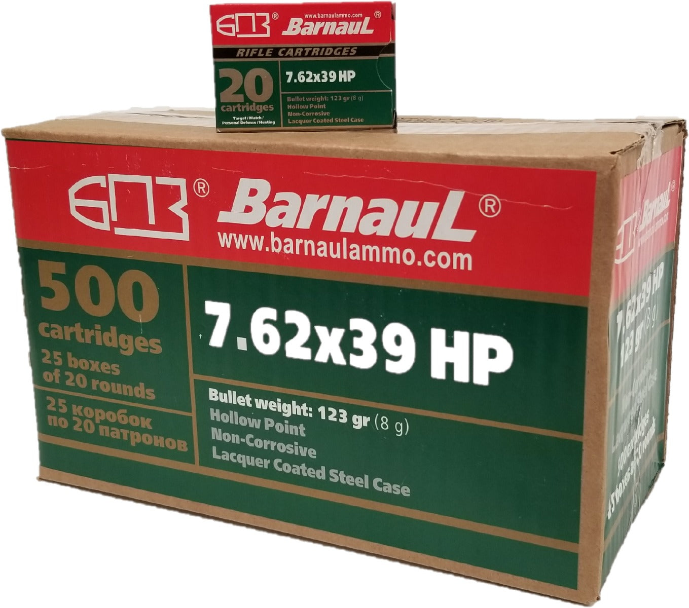 Barnaul 7.62x39 Rifle Ammo - 123 Grain | HP | Lacquered Steel Casing | (500 Round Case)