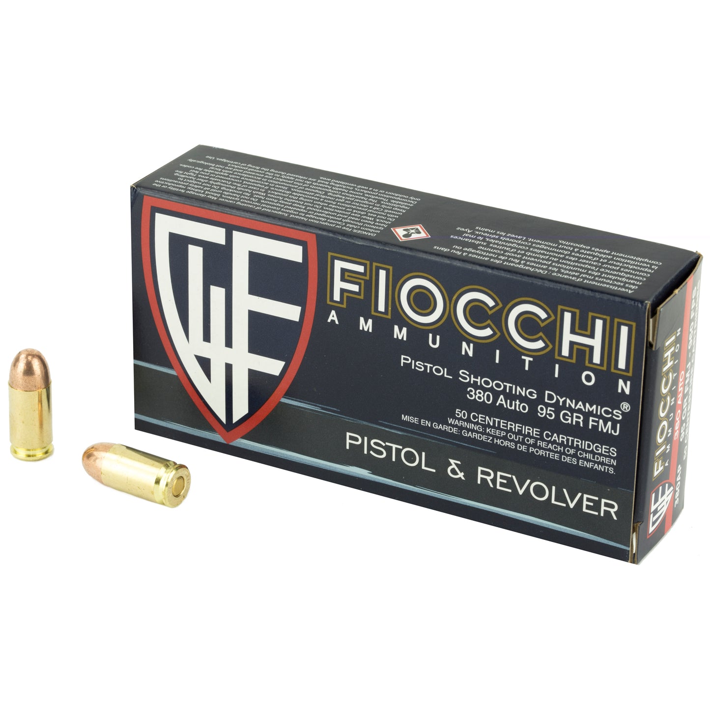 Fiocchi Ammunition, .380, Automatic Colt Pistol, ACP, 95grain | Full Metal Jacket, FMJ | 50 Rounds per Box