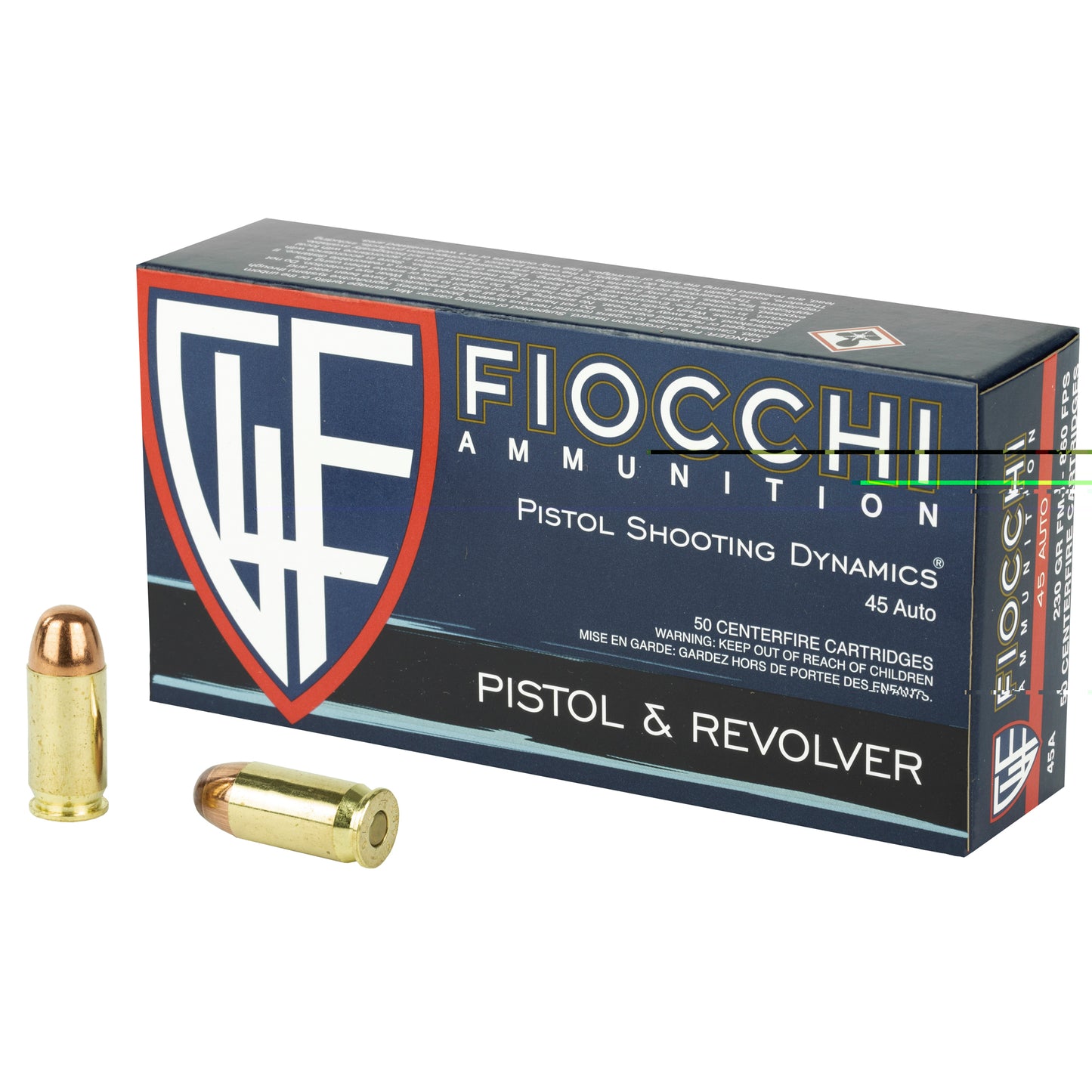 Fiocchi Ammunition, Pistol Shooting Dynamics, .45 Auto, Automatic Colt Pistol, ACP, Pistol. & Revolver, 230 Grain | Full Metal Jacket, FMJ | 50 Rounds per Box