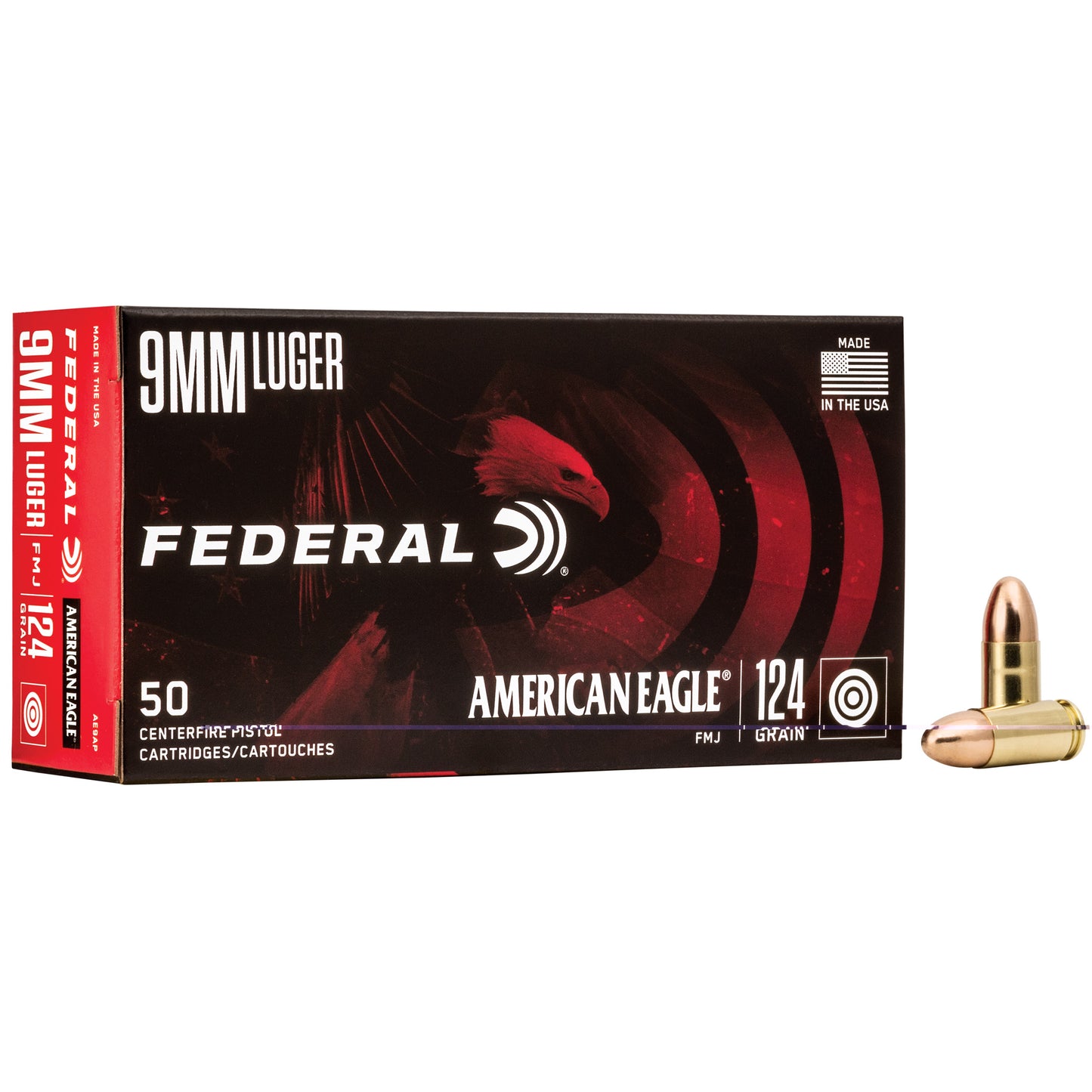 Federal, American Eagle, 9mm Luger, 124 Grain | Full Metal Jacket, FMJ | 50 Round Box 