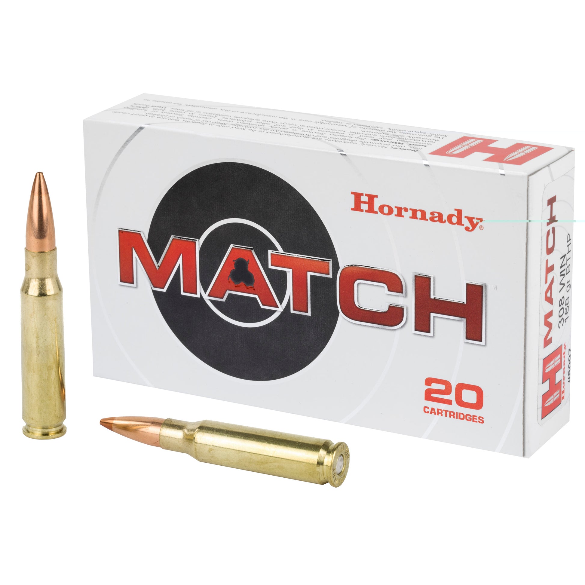 Hornady, Match Ammunition, 308 Win, 168 Grain, Boat Tail Hollow Point, 20 Round Box