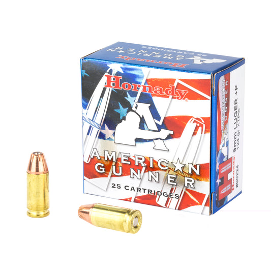 Hornady, American Gunner, 9mm Luger, Overpressure Ammunition, +P, 124 Grain | Extreme Terminal Performance, XTP | 25 Round Box 