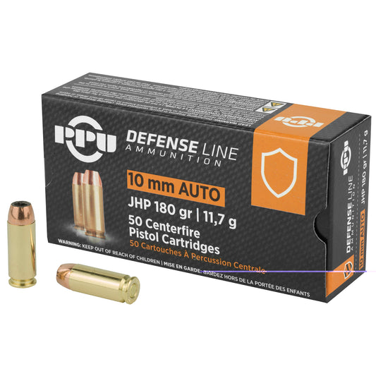 PPU 10mm Defense line ammunition, 180grain, Jacketed hollow point, JHP, 50 Rounds per Box