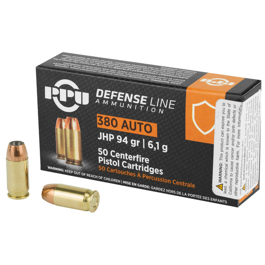 PPU, Defense Line Ammunition, .380 Auto, Automatic Colt Pistol, ACP, 94 Grain | Jacketed Hollow Point, JHP | 50 Rounds per Box