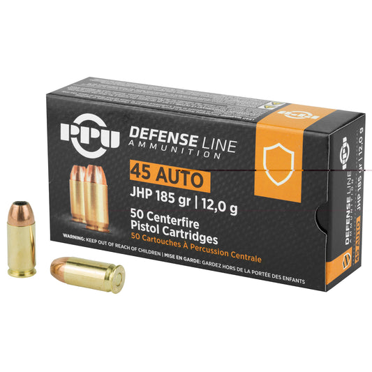 PPU, Defense Line Ammunition, .45 Auto, 185 Grain | Jacketed Hollow-Point, JHP | 50 Rounds per Box