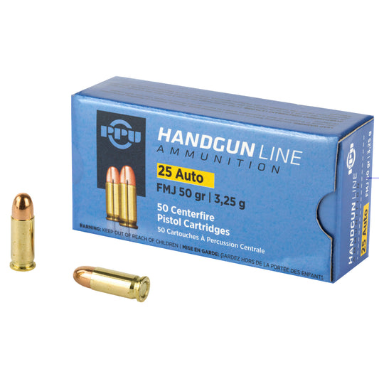 PPU, Handgun Line Ammunition, .25, Automatic Colt Pistol, ACP, 50grain | Full Metal Jacket, FMJ | 50 Rounds per Box 