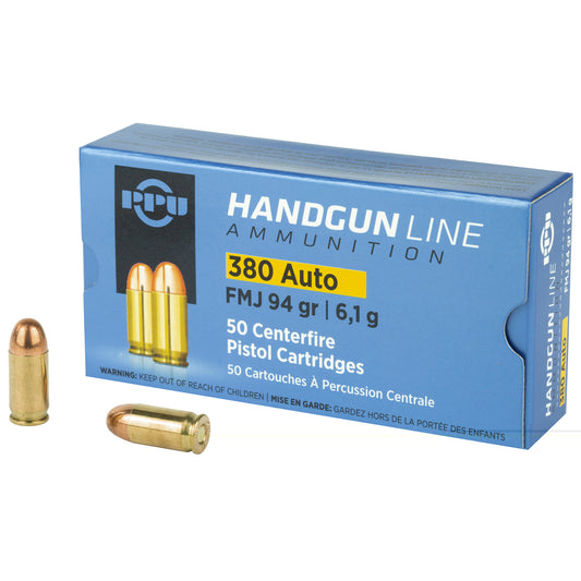 PPU Handgun Line Ammunition, .380, Automatic Colt Pistol, ACP, 94 Grain | Full Metal Jacket, FMJ | 50 Rounds per Box