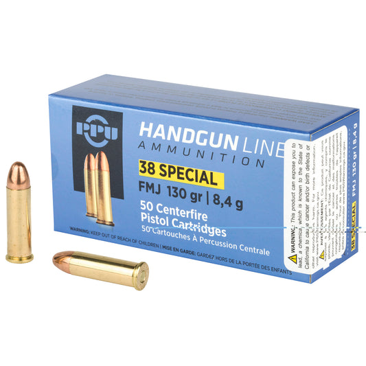 PPU, Handgun Line Ammunition, .38 Special, SPL, 130 Grain | Full Metal Jacket, FMJ | 50 Rounds per Box 