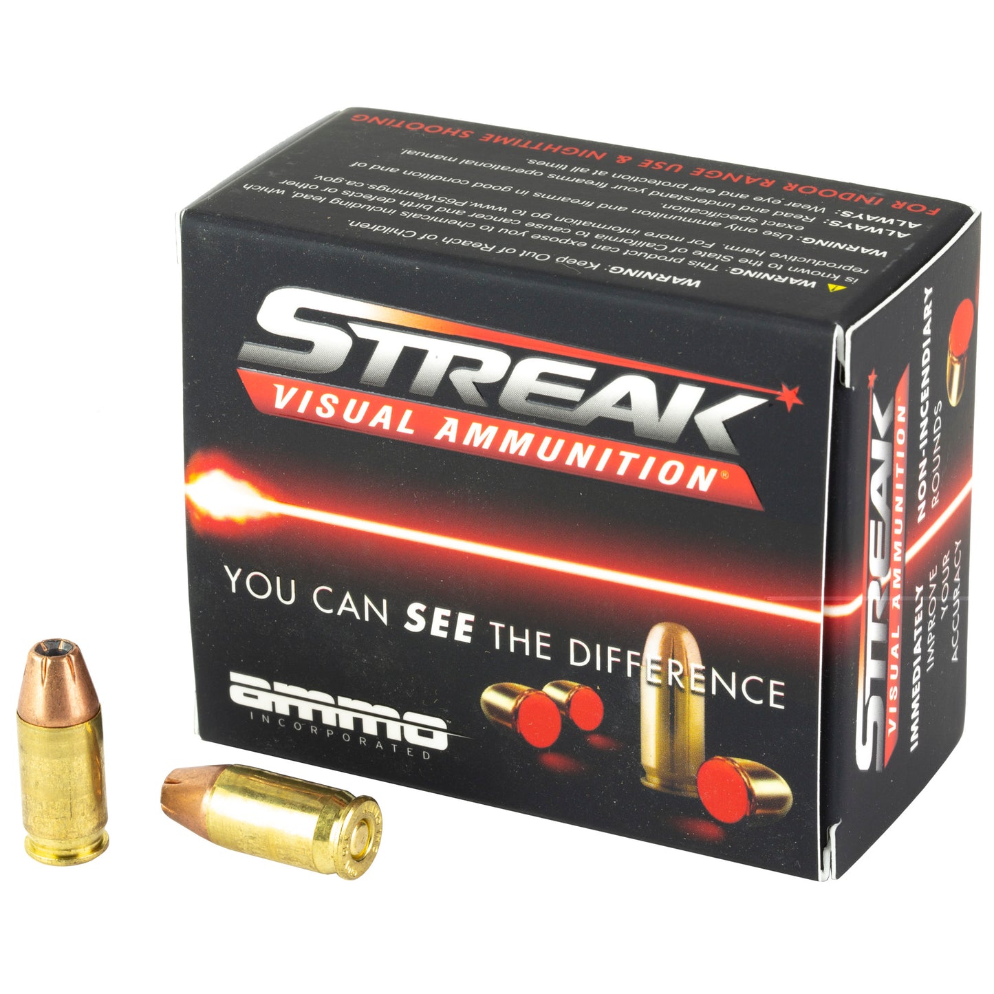 STREAK, Visual Ammunition, .380, Automatic Colt Pistol, ACP, 90 Grain | Jacketed Hollow Point, JHP | Non-Incendiary Tracer, 20 Rounds per Box